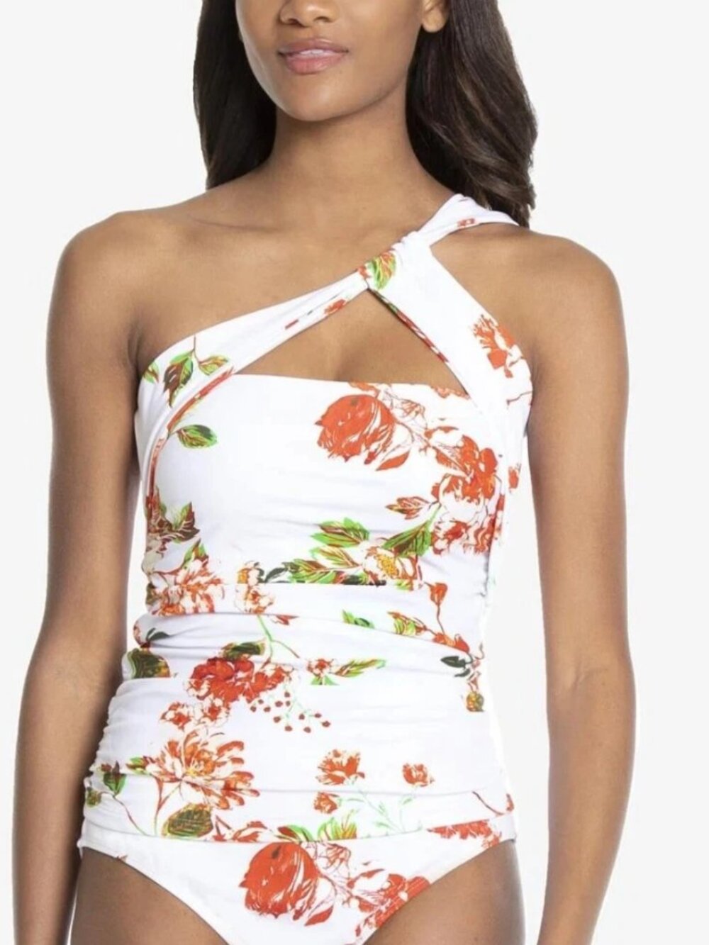Rachel Roy White Orange Floral One-Shoulder Floral-Print Tankini Swim Top XL NWT